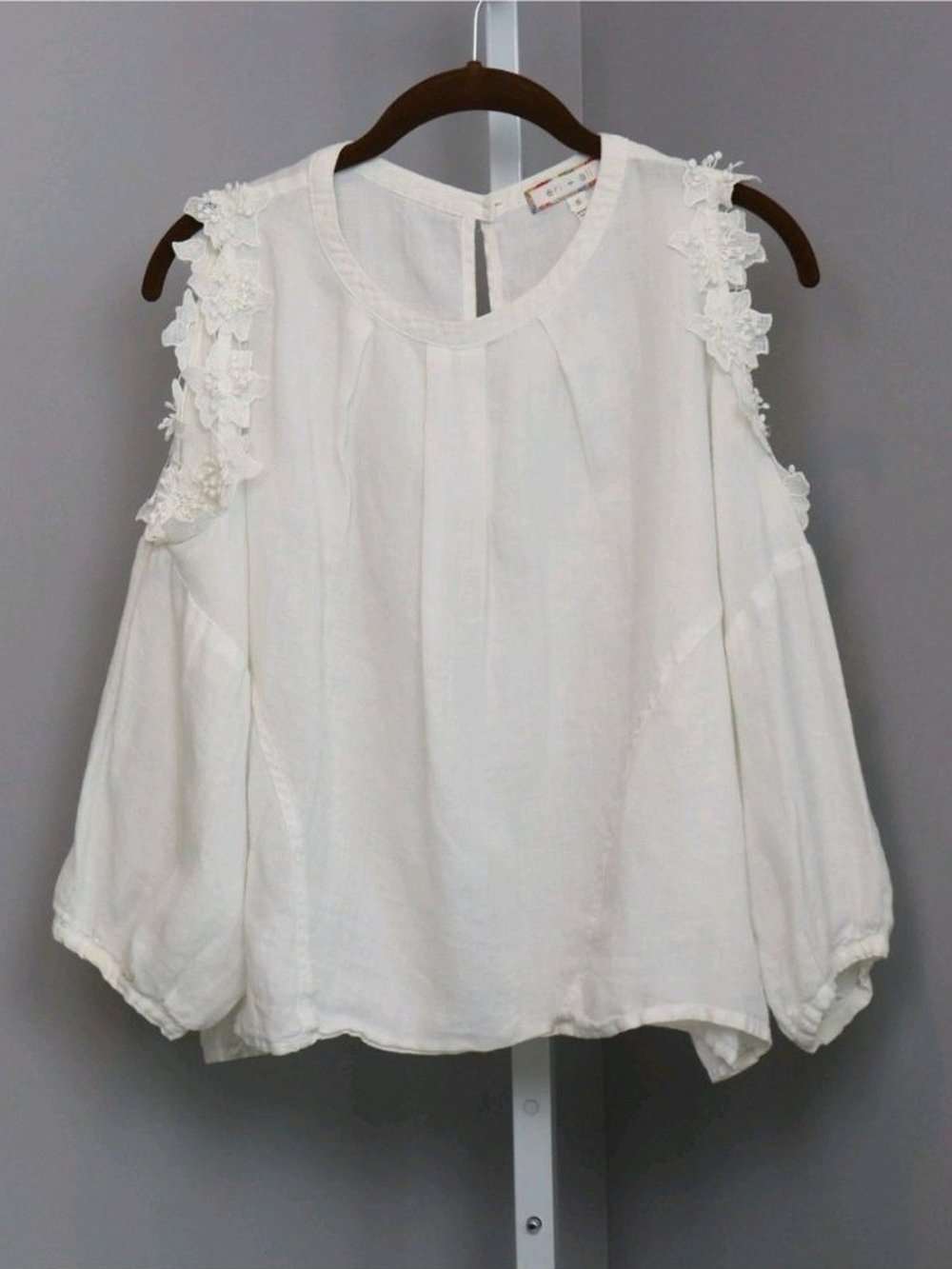 Anthropologie Ivory Cold-Shoulder Blouse with Floral Appliqué